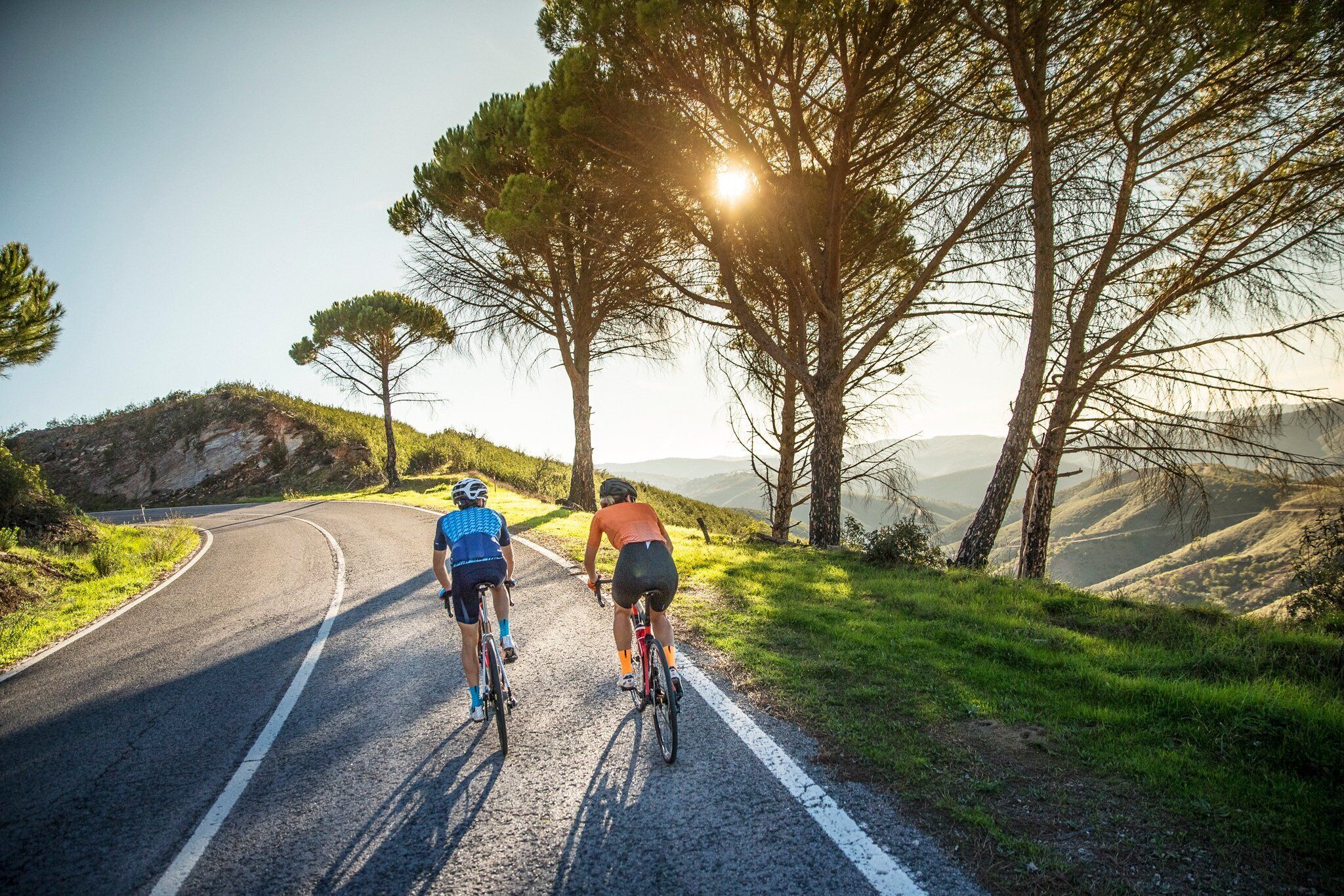 Due ciclisti su una strada tortuosa con montagne e alberi sullo sfondo.