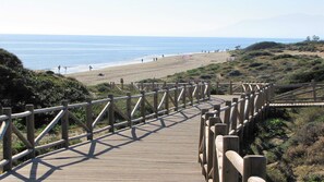 Plage à proximité, chaises longues, serviettes de plage