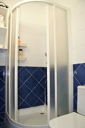 Dusche, Haartrockner, Handtücher, Seife