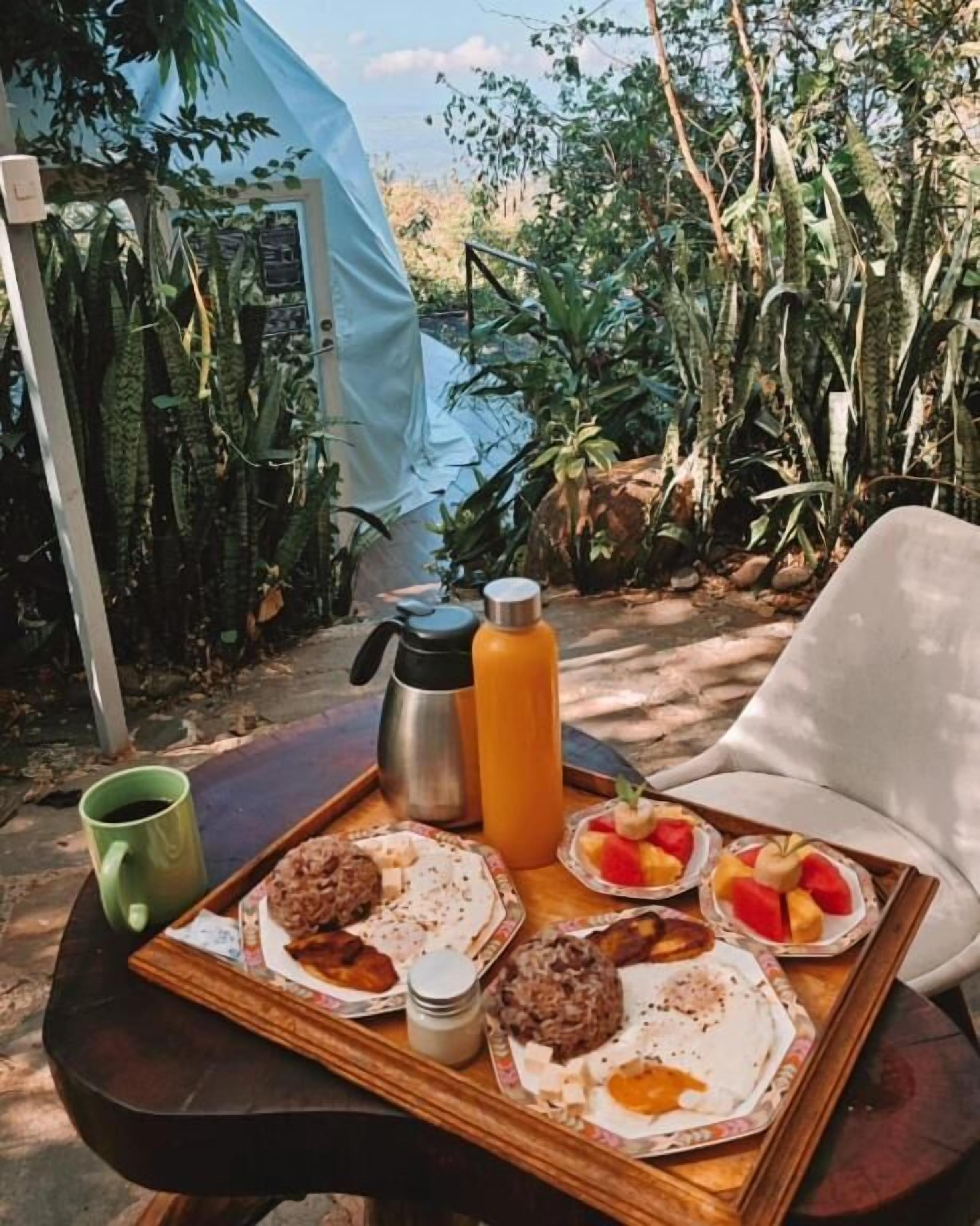 A breakfast tray with food and drinks on a wooden table outdoors, surrounded by greenery.