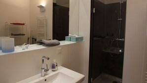 Ein modernes Badezimmer mit einem weißen Waschbecken, einer Duschkabine aus Glas und einem Spiegel über dem Waschbecken.