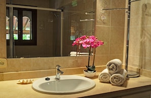 Combined shower/tub, towels