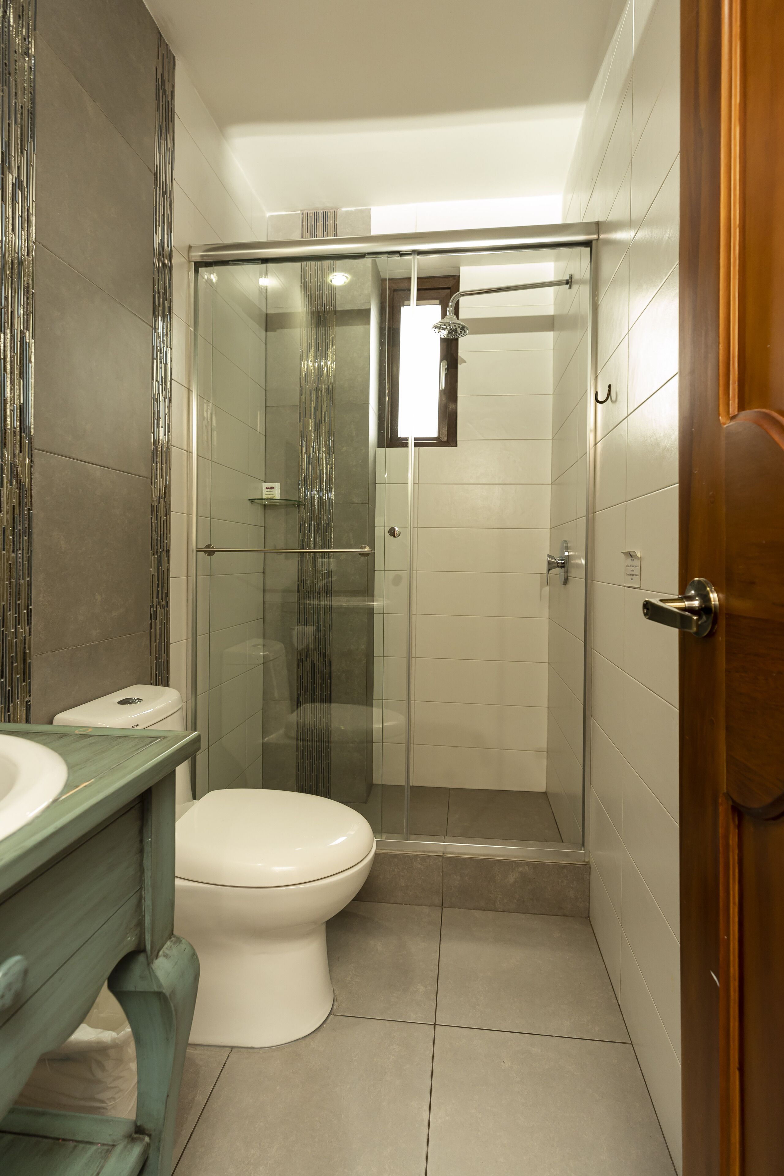 A modern bathroom with a glass-enclosed shower, a white toilet, and a wooden vanity.