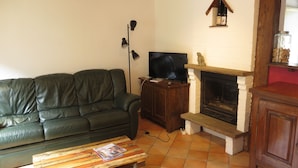 Un salon avec un canapé en cuir vert, une table basse en bois sur laquelle sont posés des magazines, un téléviseur, une cheminée et un manteau de cheminée en pierre.