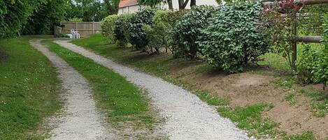 Un sendero de grava bordeado por césped verde y arbustos, que conduce a un edificio con techo rojo.