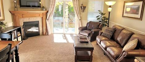 Smart TV, chimenea y libros