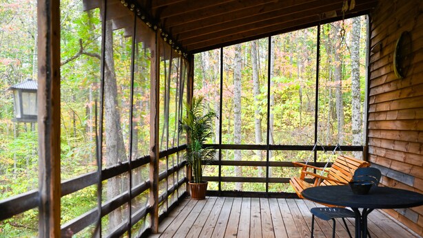 Eine Holzterrasse mit Tisch und Stühlen, einem Blumentopf und Blick auf einen Wald.
