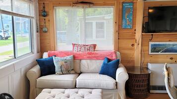 TV, DVD player, video library, stereo