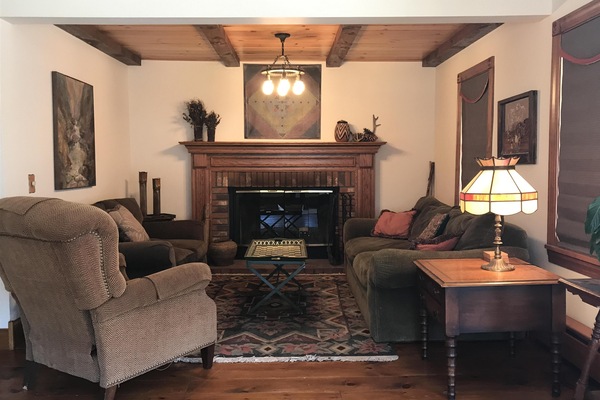Smart TV, chimenea, reproductor de DVD, libros