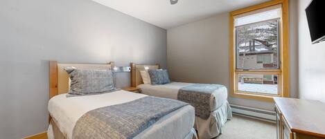 Une chambre avec deux lits, un ventilateur de plafond, une fenêtre donnant sur un paysage enneigé et un téléviseur fixé au mur.
