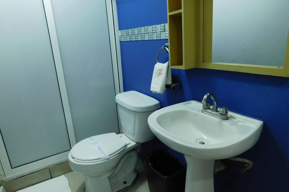 shower, towels, soap, shampoo