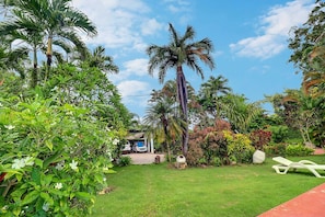 A lush garden with palm trees, a white car, and a white lounge chair.