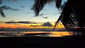 A beach scene with palm trees and a sunset. - Private Garden, Walk Out to Community Pool, Beautiful 1 Bedroom 1 Bath Condo (San Buenas)
