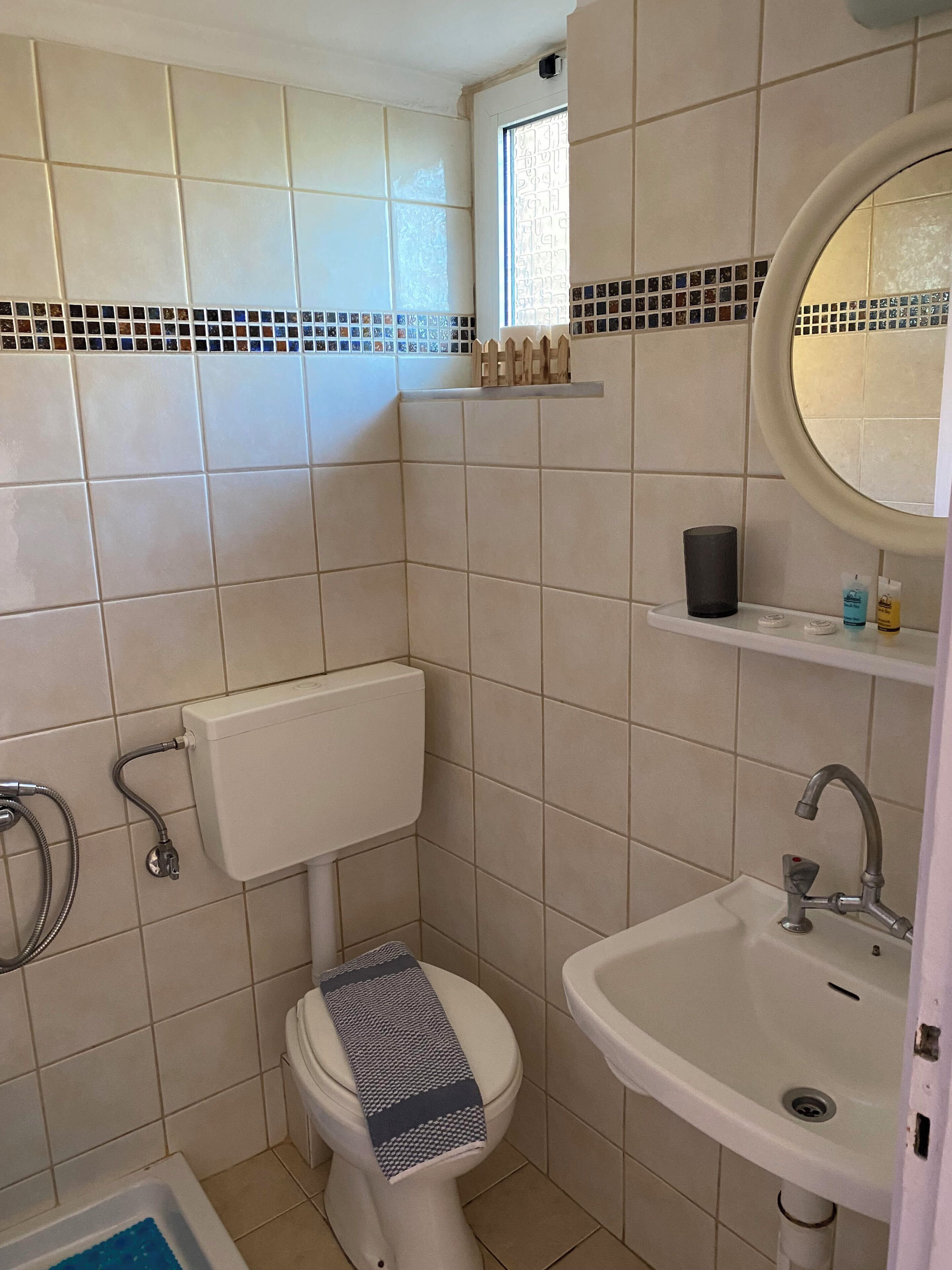 A bathroom with a toilet, sink, and shower.