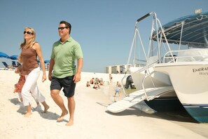 On the beach, free beach shuttle, sun loungers, beach towels