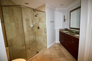 Combined shower/tub, hair dryer, towels, soap