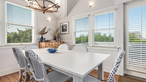 A dining area with a white table and patterned chairs, large windows with blinds, and a ceiling light fixture.