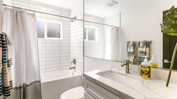 Combined shower/bathtub, hair dryer
