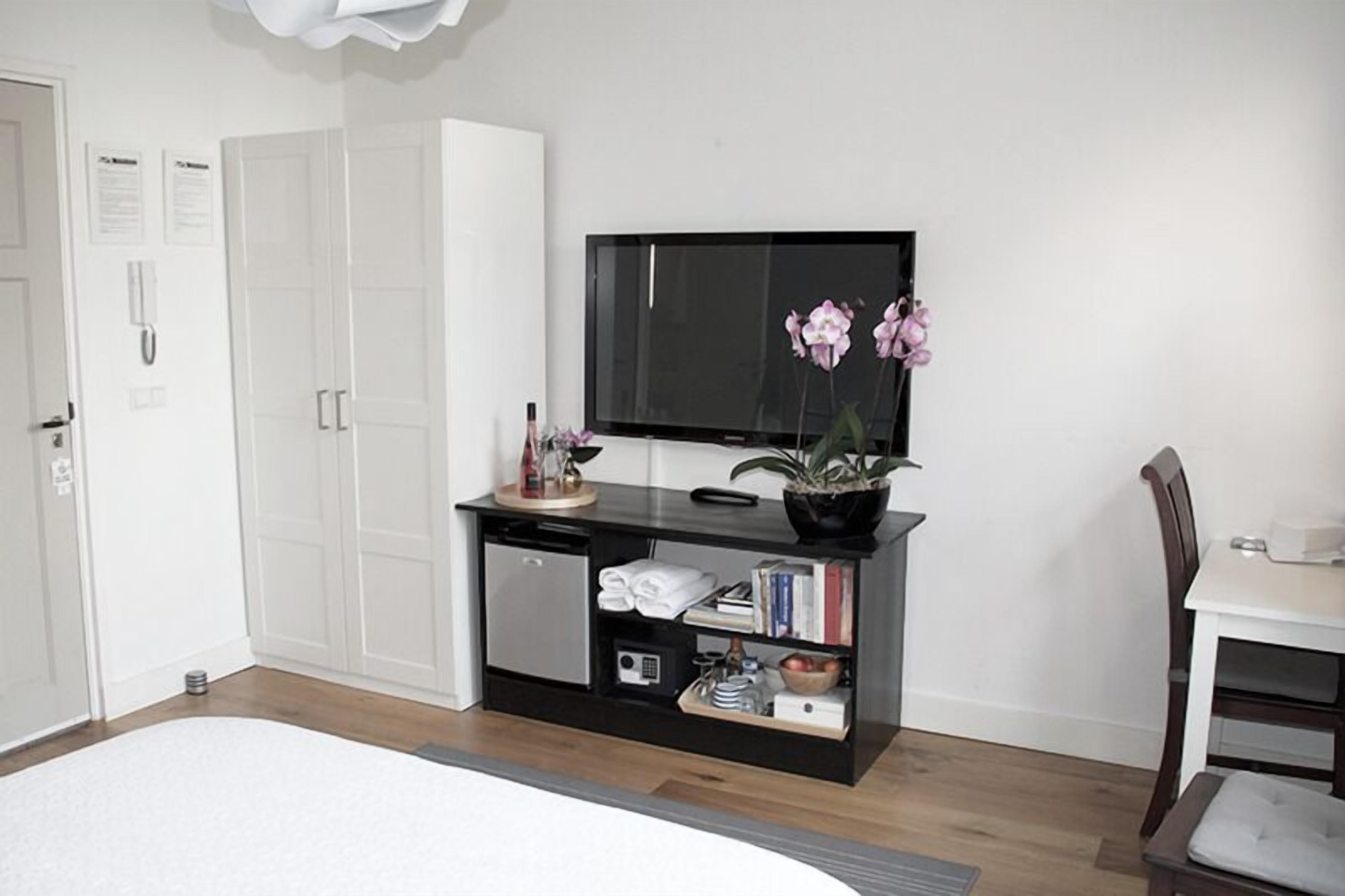 Un dormitorio con una cama, un televisor, un armario pequeño y una planta en maceta.