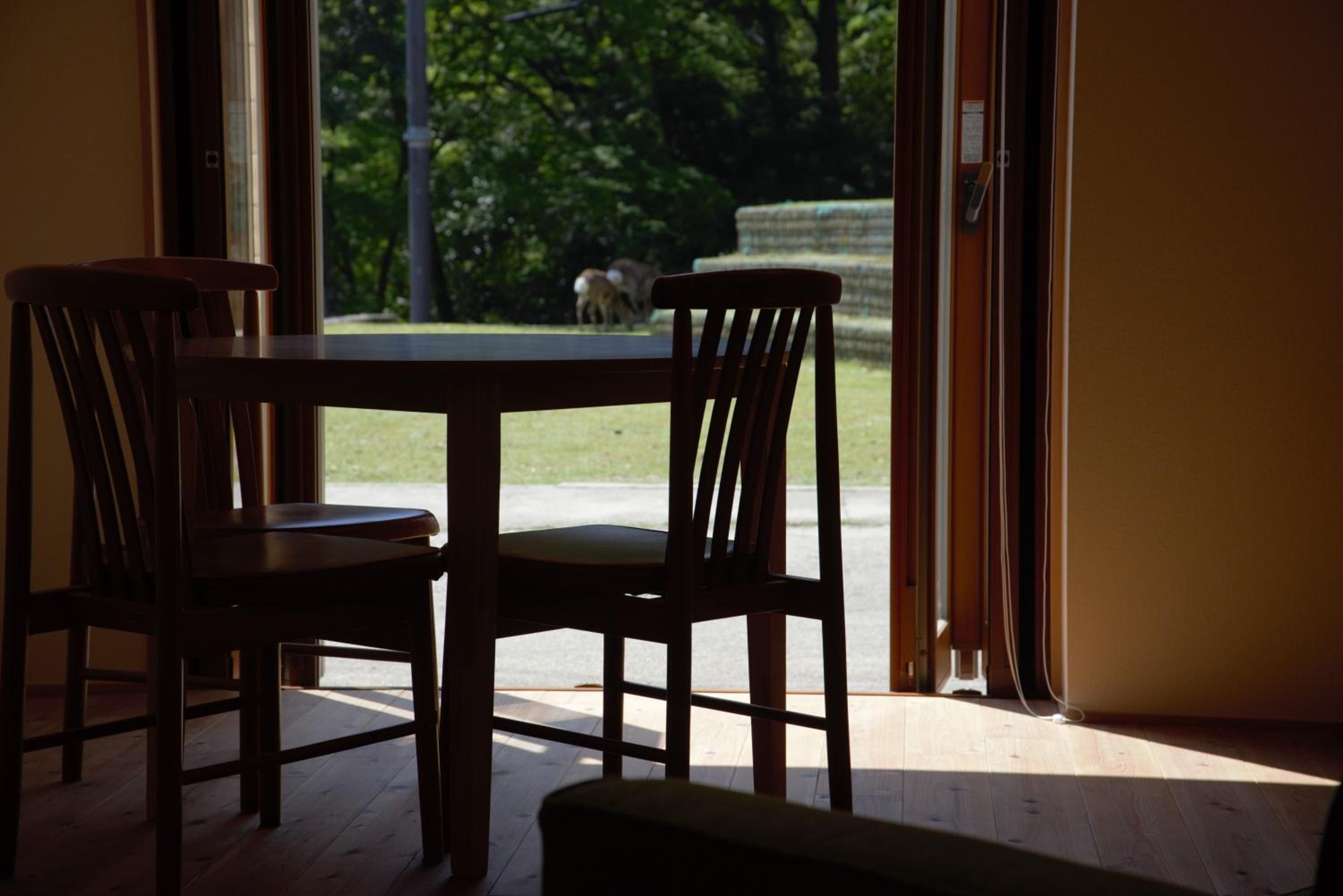 Una habitación con una mesa de madera y cuatro sillas, un ventanal con vistas a un espacio cubierto de césped y árboles.