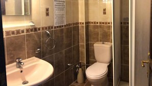 A bathroom with a sink, toilet, and shower. A sign on the wall warns about the use of the toilet paper dispenser. - Babylon Gardens Apart Hotel (Menderes)