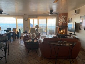 Televisión, chimenea y reproductor de DVD 