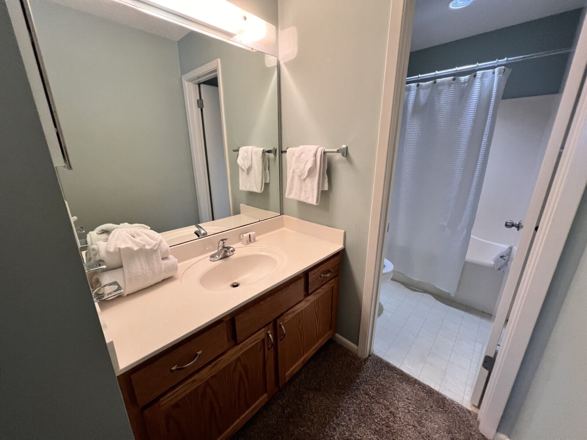 A bathroom with a sink, mirror, towel rack, and shower curtain.