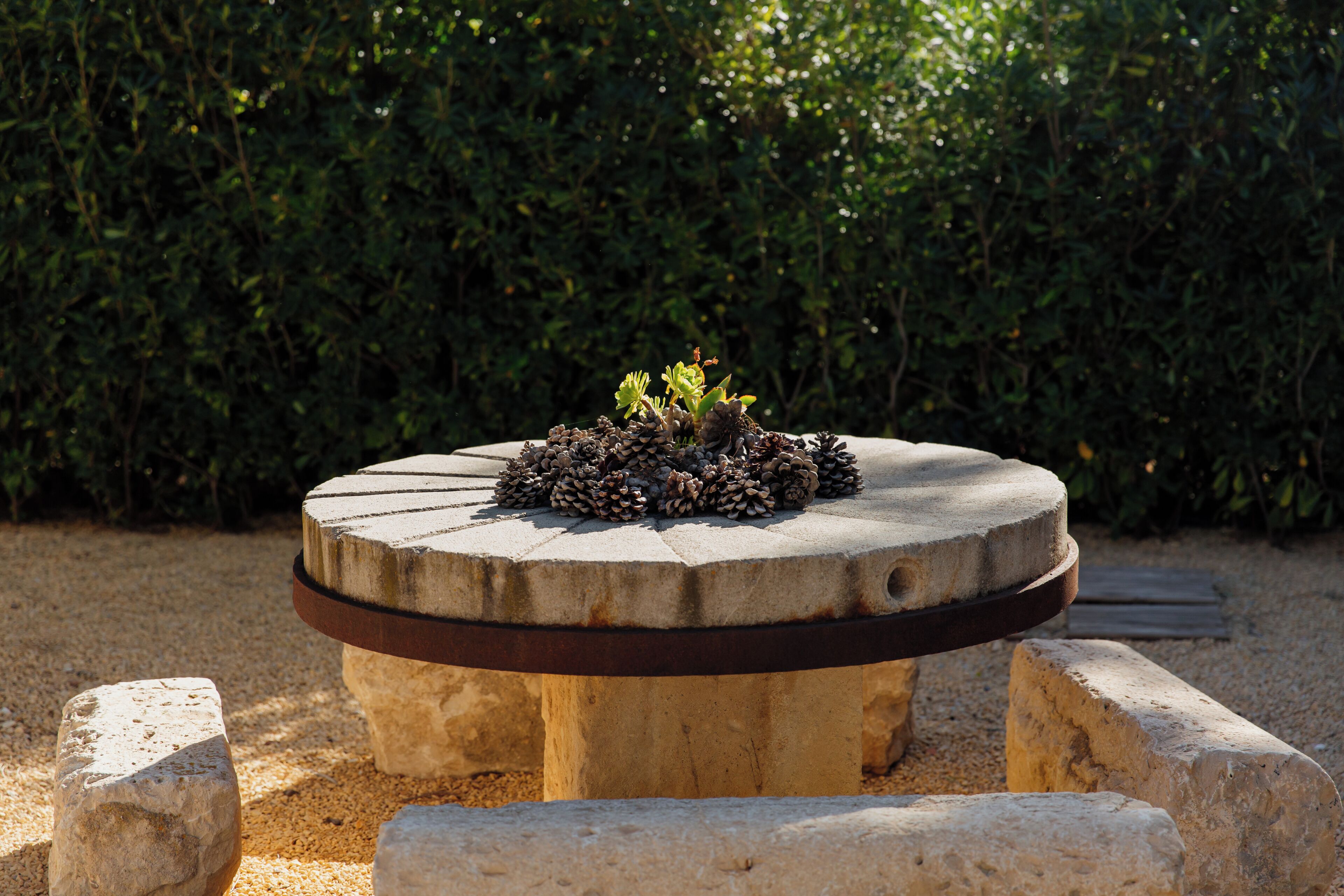 Una mesa de piedra circular con un montón central de piñones y pequeñas plantas, rodeada de piedras más grandes.