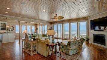 Smart TV, fireplace, DVD player, books