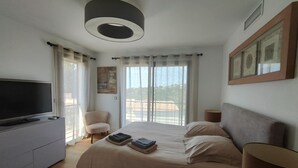 Una camera da letto moderna con un letto grande, una TV a schermo piatto, una sedia e un quadro appeso al muro.