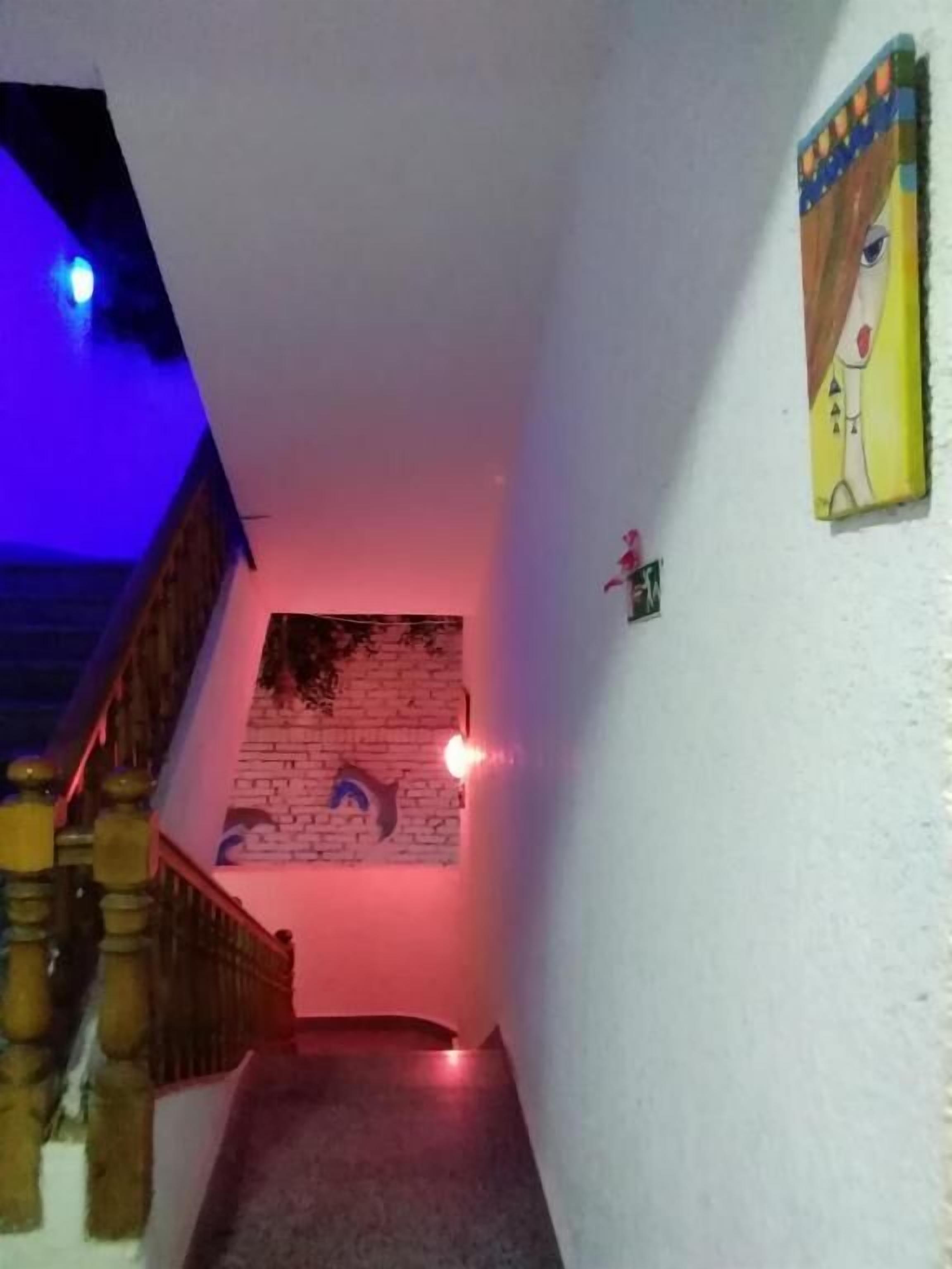 A narrow hallway with a staircase on the left, a wall with a mural, and a painting on the right.