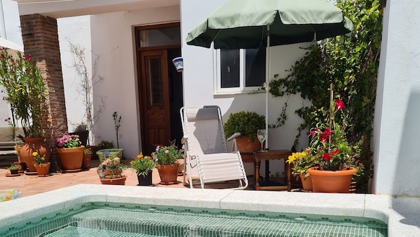 A swimming pool with a white lounge chair and a green umbrella, surrounded by potted plants and a white building.