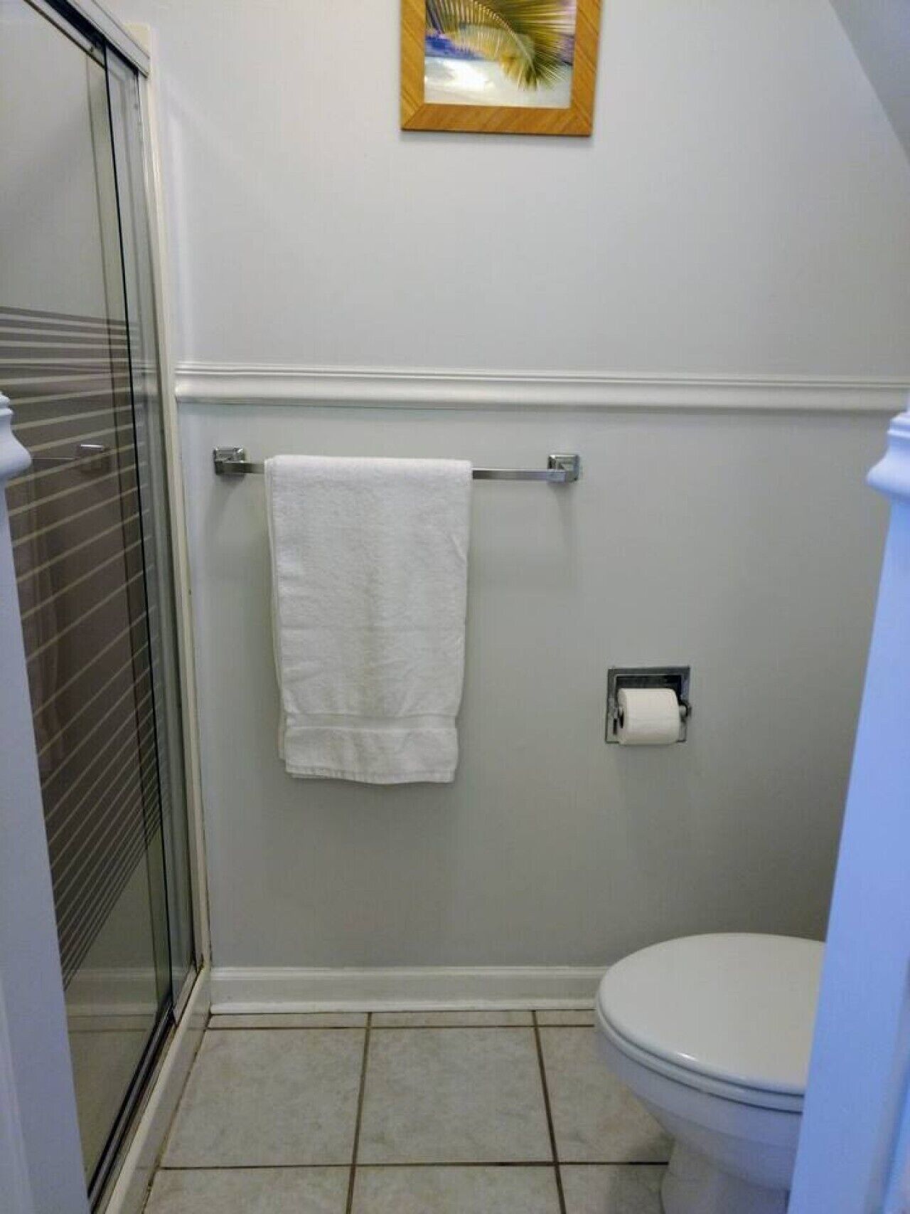 Une salle de bain avec une douche à parois de verre, des toilettes, un porte-serviettes avec une serviette et un tableau encadré au mur.