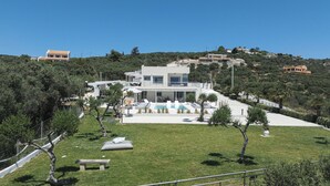 Una casa moderna de dos pisos con piscina, rodeada por un césped cuidado y árboles.