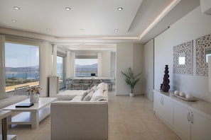 A spacious living area with a sofa, dining table, and chairs, a potted plant, and decorative items on a cabinet.