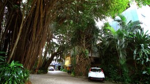 A paved pathway lined with lush greenery and a white car parked on the side. - La Cour Hotel Apartments (Lagos)