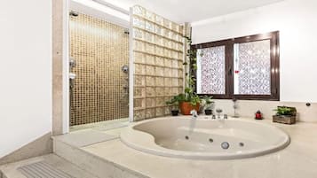 Combined shower/bathtub, hair dryer, towels, shampoo