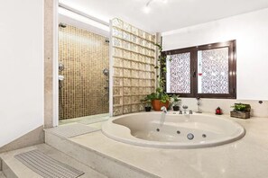 Combined shower/bathtub, hair dryer, towels