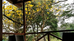 Uma área de estar coberta ao ar livre, com mobiliário de vime e vista para árvores com flores amarelas.