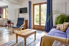 Smart TV, fireplace, books, video library