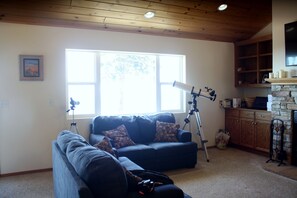 Smart TV, fireplace, video games, DVD player