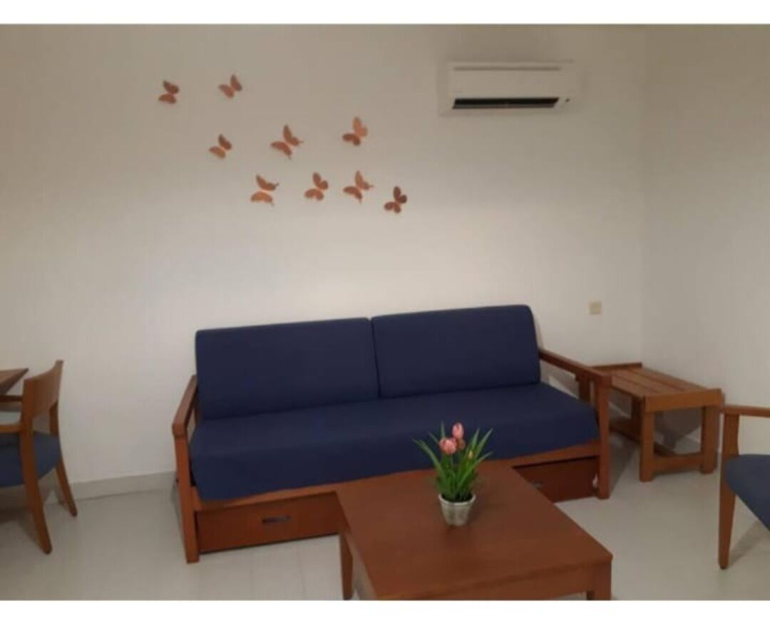 Un salón con un sofá azul, mesitas de madera, una pequeña planta en maceta y adhesivos murales con forma de mariposa.