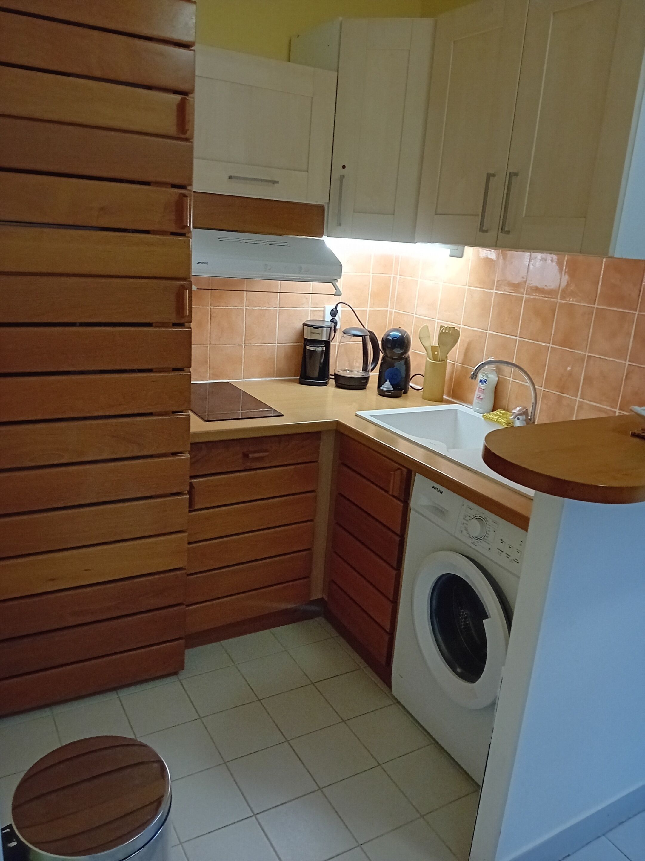 Cocina compacta con armarios de madera, cafetera, lavamanos y lavadora.