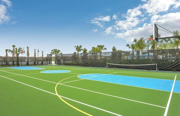 An outdoor basketball court with a net, surrounded by a fence, and palm trees in the background.