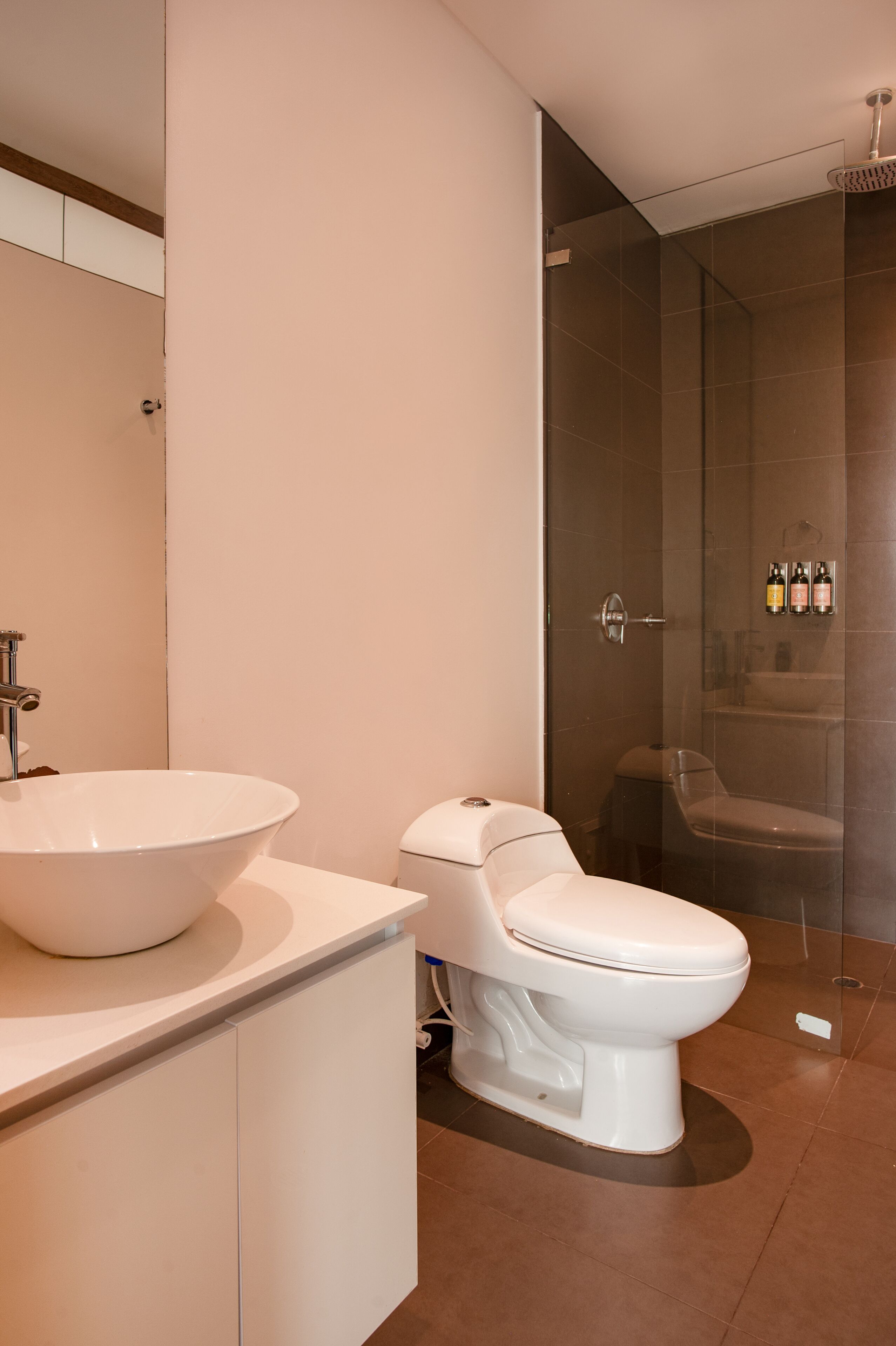 A modern bathroom with a large white sink, a toilet, and a glass-enclosed shower area.