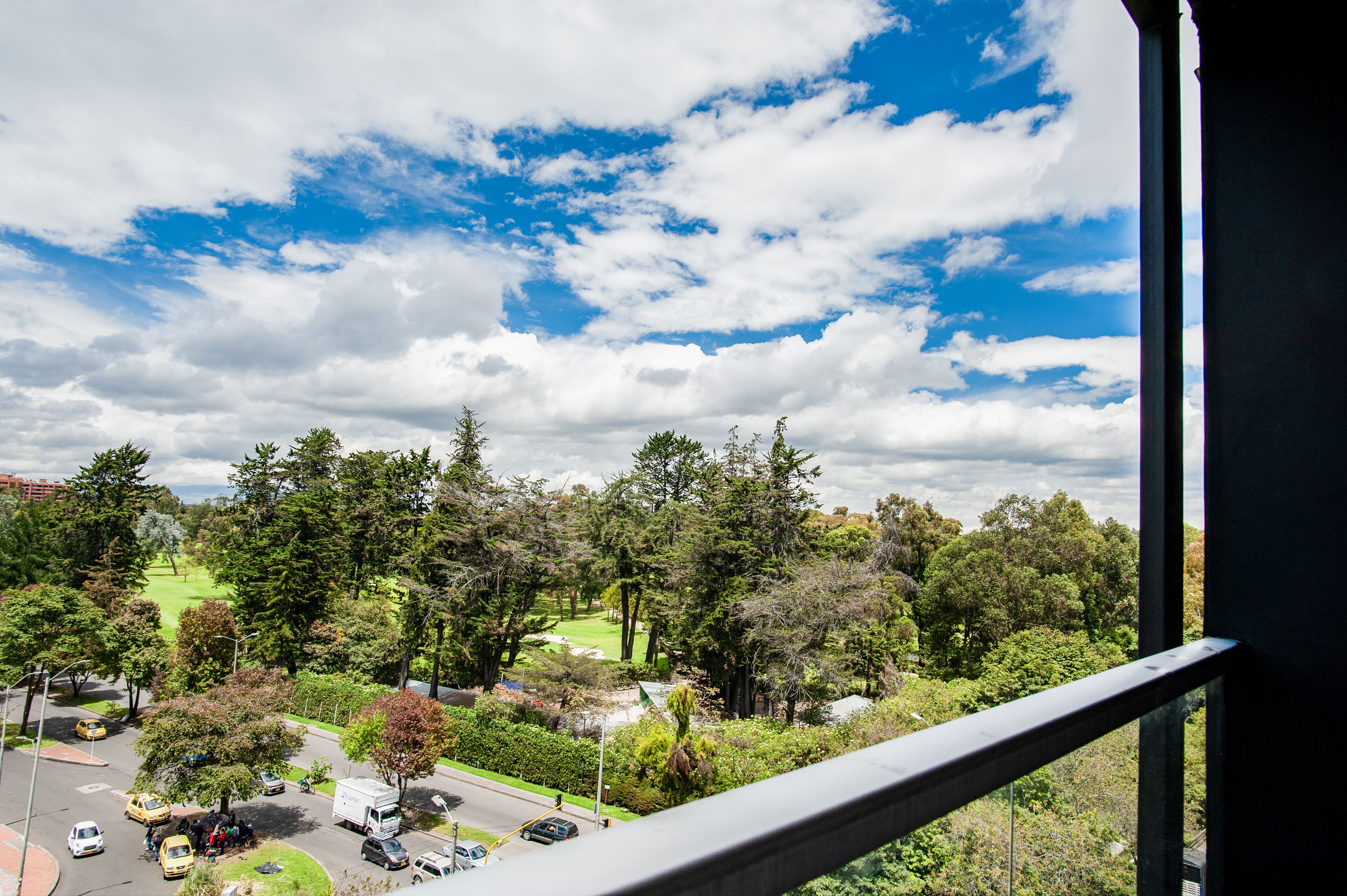A view from a window overlooking a park with trees and a road with vehicles.