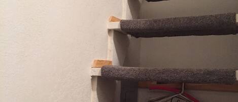 A carpeted staircase with wooden handrails and a metal hanger with a cleaning symbol.