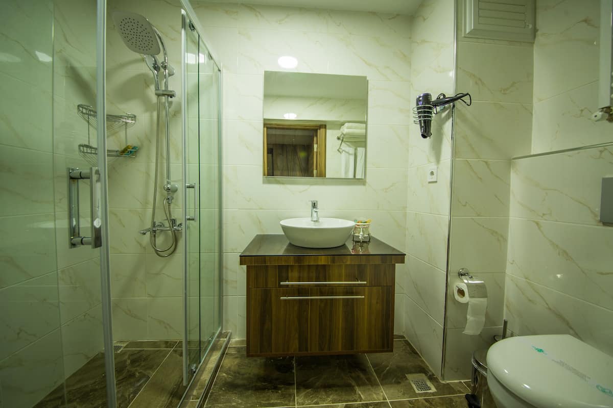 Shower, free toiletries, hair dryer, slippers