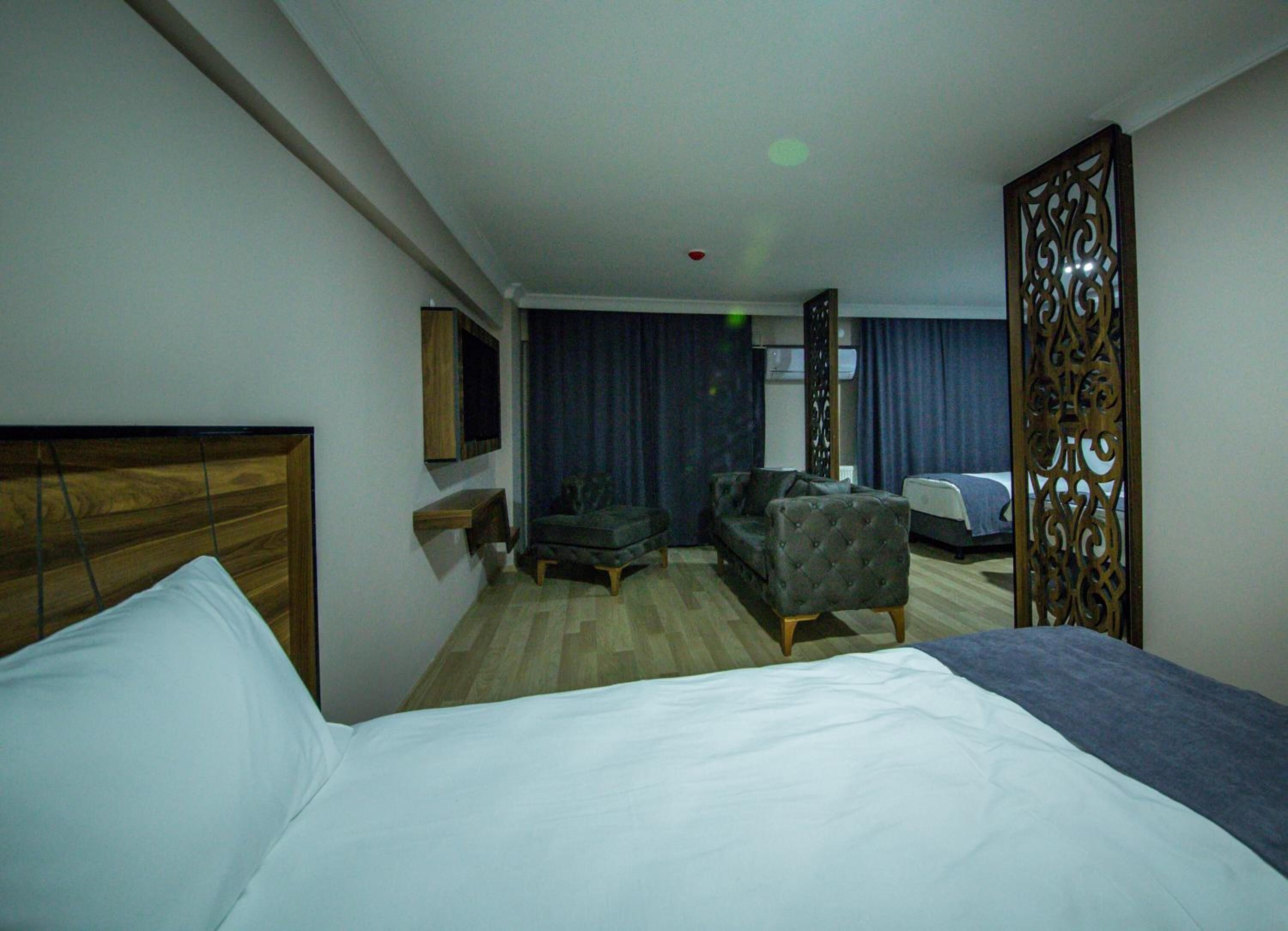 A hotel room with a large bed, a sofa, a desk, and a decorative partition.