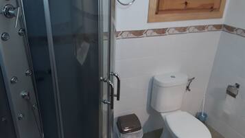 A bathroom with a glass shower enclosure, a toilet, and a small trash bin.